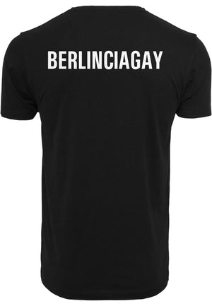 BERLINCIAGAY T-Shirt Organic in Schwarz, Rückseite liegend, mit weißem Schriftzug BERLINCIAGAY im Schulterbereich