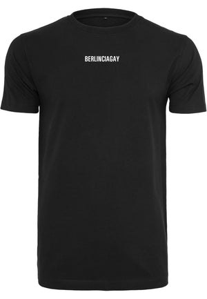 BERLINCIAGAY T-Shirt Organic in Schwarz, Vorderseite liegend, mit kleinem weißem Schriftzug BERLINCIAGAY auf der Brust