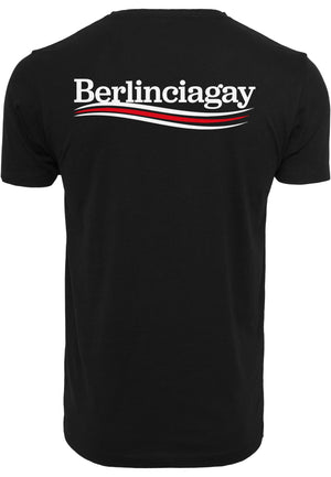 BERLINCIAGAY T-Shirt Organic Political, Schwarz, Rückseite: weißer Schriftzug Berlinciagay, rot-weiße Wellen