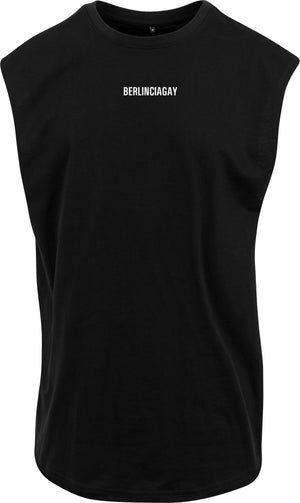 BERLINCIAGAY Sleeveless Tee in Schwarz, Vorderseite liegend, kleiner weißer BERLINCIAGAY Schriftzug auf der Brust