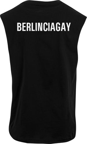 BERLINCIAGAY Sleeveless Tee in Schwarz, Rückseite liegend, mit weißem Schriftzug BERLINCIAGAY oben