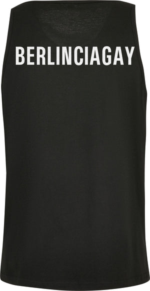 BERLINCIAGAY Tank TOP in Schwarz, liegend von hinten, mit weißem Schriftzug BERLINCIAGAY oben auf dem Rücken