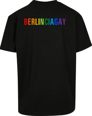 BERLINCIAGAY Heavy Oversize Pride in Schwarz, Rückseite liegend, mit Schriftzug BERLINCIAGAY in Regenbogenfarben