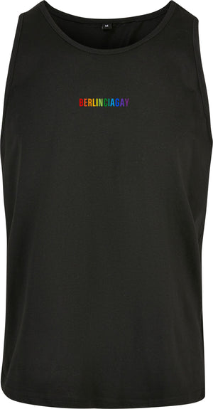 BERLINCIAGAY Tank TOP Pride in Schwarz, Vorderseite liegend, mit Schriftzug BERLINCIAGAY in Regenbogenfarben