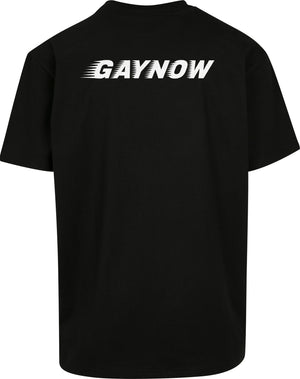 BERLINCIAGAY GAYNOW Heavy Oversize in Schwarz, Rückseite liegend, weißer GAYNOW Schriftzug oben am Rücken