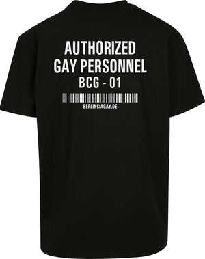 BERLINCIAGAY AUTHORIZED Heavy Oversize in Schwarz, Rückseite: weißer Print AUTHORIZED GAY PERSONNEL, Barcode