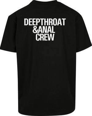 BERLINCIAGAY Deepthroat Heavy Oversize in Schwarz, Rückseite mit weißem Schriftzug DEEPTHROAT &ANAL CREW