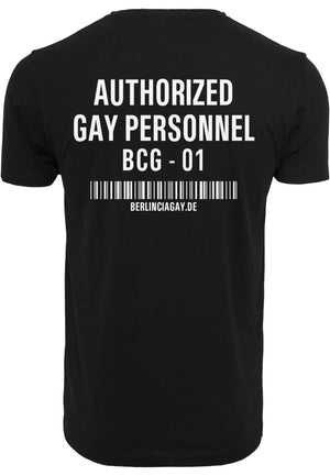 BERLINCIAGAY AUTHORIZED Organic in Schwarz, Rückseite, weißer Druck „AUTHORIZED GAY PERSONNEL“ mit Barcode