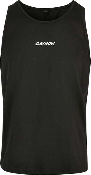 BERLINCIAGAY GAYNOW Tank Top in Schwarz, Vorderseite liegend, kleiner weißer GAYNOW Schriftzug auf der Brust
