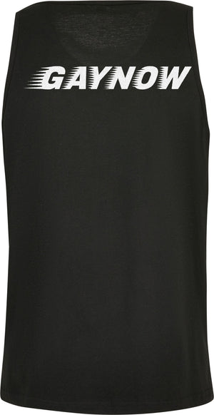 BERLINCIAGAY GAYNOW Tank Top in Schwarz, liegend von hinten, mit weißem GAYNOW-Schriftzug in Speed-Optik